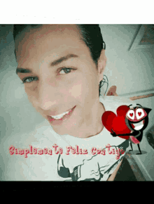 a picture of a man with a heart and the words simplemente feliz contigo on the bottom