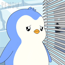 a blue and white penguin looking out of a window with the word penguin on the bottom