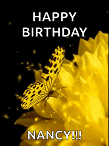 a yellow butterfly is sitting on top of a yellow flower with the words `` happy birthday nancy '' written on it .