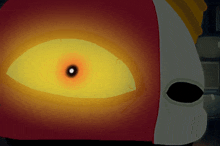 a cartoon drawing of a red and white mask with a yellow eye