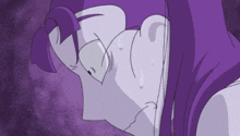 a cartoon character with purple hair is crying with a purple background