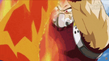 a close up of a person 's face in a cartoon with a fire background .
