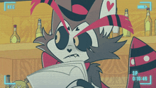 a cartoon character is holding a piece of paper in front of bottles and a screen that says rec