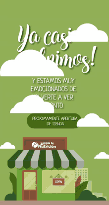 an advertisement for cambia tu nutricion shows a storefront with an open sign