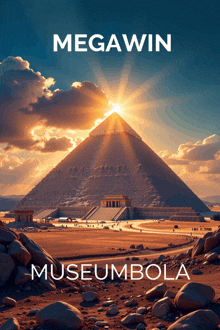 a poster for megawin museumbola shows a pyramid in the middle of a desert