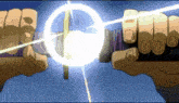 a cartoon of a person holding a sword with a light coming from it