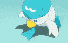 a blue and white cartoon duck with a yellow beak