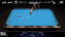 a pool table with the us open bank pool championship on the screen