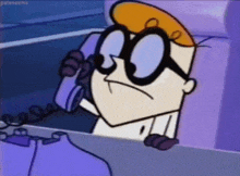a cartoon character is talking on a phone .