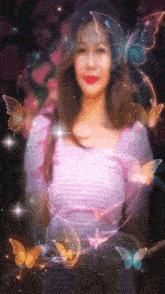 a woman in a pink shirt is surrounded by butterflies and stars