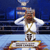 queen of the ring jade cargill wearing a crown in a wrestling ring
