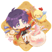 a cartoon drawing of a boy with purple hair and a duck