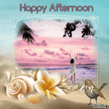 a happy afternoon greeting card with a woman standing on the beach
