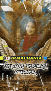 a picture of a woman holding a microphone with the words irmachania kazoku family official