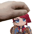 a hand is putting a doll on top of another doll 's head .