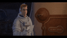 a cartoon character is standing in front of a door that says " do not open "