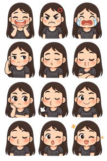 a girl has many different facial expressions including one that says ' e ' on it