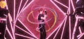 a group of anime characters are dancing on a stage in front of a neon background .