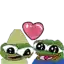 a couple of frogs are standing next to each other with a heart in the middle .