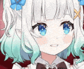 a close up of a girl with white hair and blue eyes