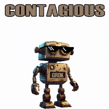 a robot wearing sunglasses says grok on the front