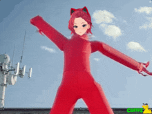 a girl in a red jumpsuit with cat ears is standing in front of a blue sky