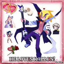 a picture of a boy holding a guitar with the words he loves kallon on the bottom