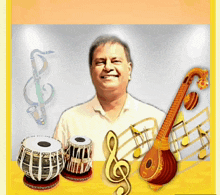 a man is surrounded by musical instruments including a guitar and a drum