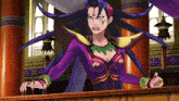 a cartoon drawing of a woman with purple hair and a necklace that says ' a ' on it
