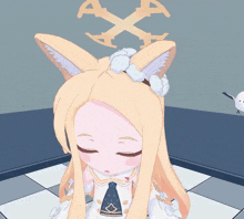 a cartoon character with a fox ear and a x on her head