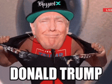 donald trump wearing a blizzard hat and a red shirt