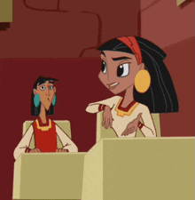 two cartoon characters are sitting at a table and one has a red shirt on