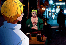 two anime characters are sitting at a table with mugs of beer