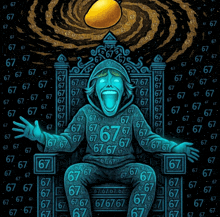 a drawing of a man sitting on a throne with the number 67 on his pants
