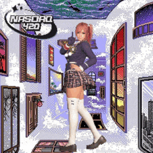 a pixel art of a girl standing in a room with nasdaq 420