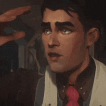 a man in a white vest and tie is making a funny face