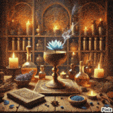 a painting of a witch 's room with candles and a blue lotus flower