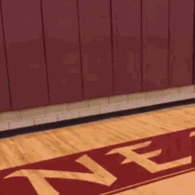 a man in a baseball cap is throwing a ball on a basketball court with the letter e on the floor