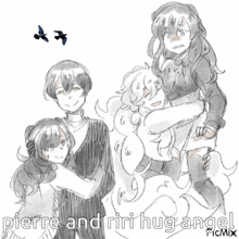 a drawing of pierre and riri hugging with birds in the background