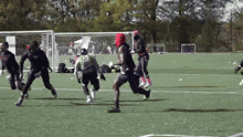 a group of people are playing a game of soccer on a field