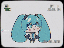 a cartoon of a girl with blue hair is on a screen that says tbc
