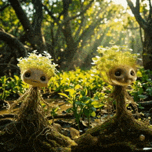 two plants with roots and flowers on their heads in the woods