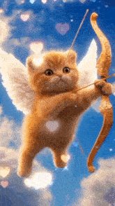 a cat with wings is holding a bow and arrow in the air .
