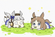 a cartoon of a horse and a girl laying in the grass . the horse is wearing headphones .