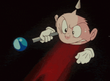 a cartoon character is holding a wand with a blue ball on it