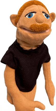 a puppet with a mustache and blue eyes wearing a black shirt