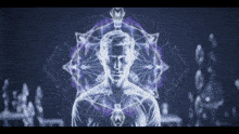 a computer generated image of a man 's face with a purple circle around his head