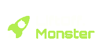 a green monster logo with a rocket in the center