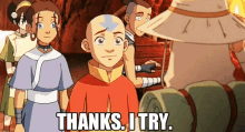 a group of cartoon characters are standing next to each other with the words thanks i try written on the bottom