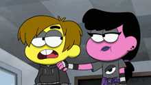 two cartoon characters are standing next to each other and one has a purple shirt on